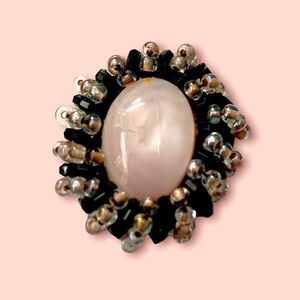 Hand beaded rose quartz w/ black crystal glass earrings pierced artist made